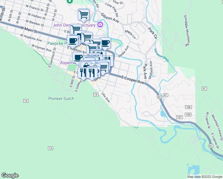 map of restaurants, bars, coffee shops, grocery stores, and more near 825 East Dean Street in Aspen