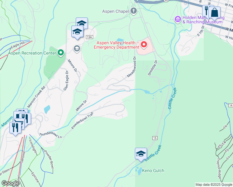 map of restaurants, bars, coffee shops, grocery stores, and more near 279 Larkspur Lane in Aspen