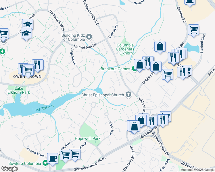 map of restaurants, bars, coffee shops, grocery stores, and more near 6670 Downdale Place in Columbia