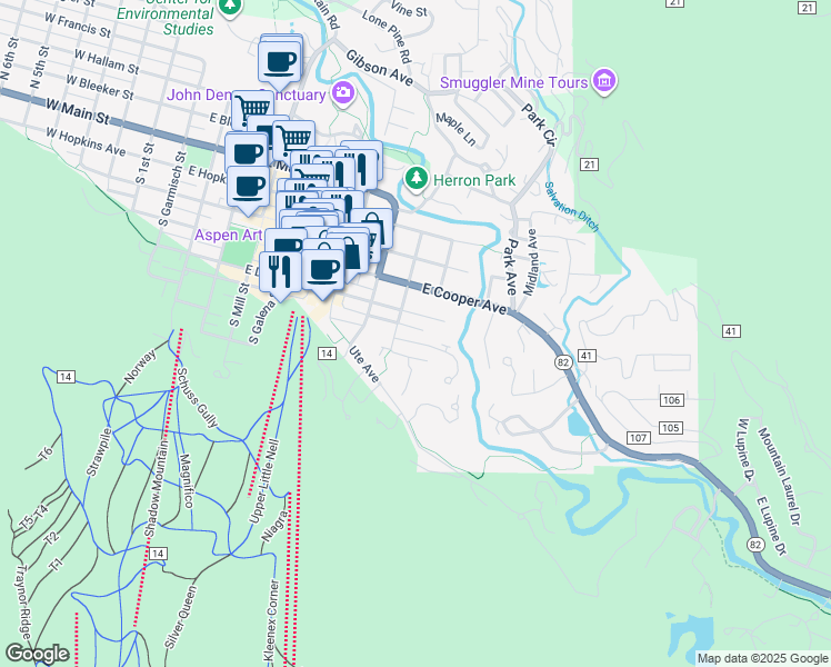 map of restaurants, bars, coffee shops, grocery stores, and more near 929 East Durant Avenue in Aspen