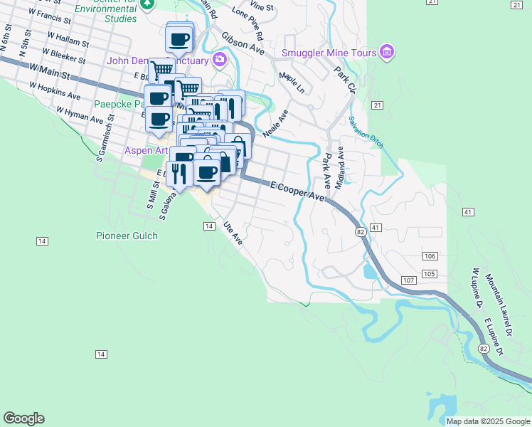 map of restaurants, bars, coffee shops, grocery stores, and more near 929 East Durant Avenue in Aspen