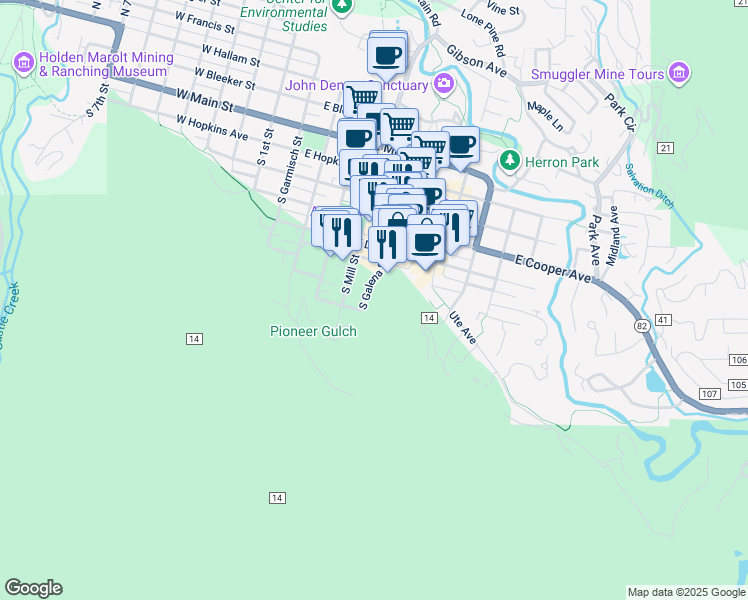map of restaurants, bars, coffee shops, grocery stores, and more near 626 South Galena Street in Aspen