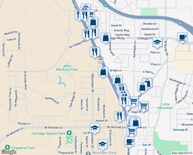 map of restaurants, bars, coffee shops, grocery stores, and more near 693 West Nye Lane in Carson City