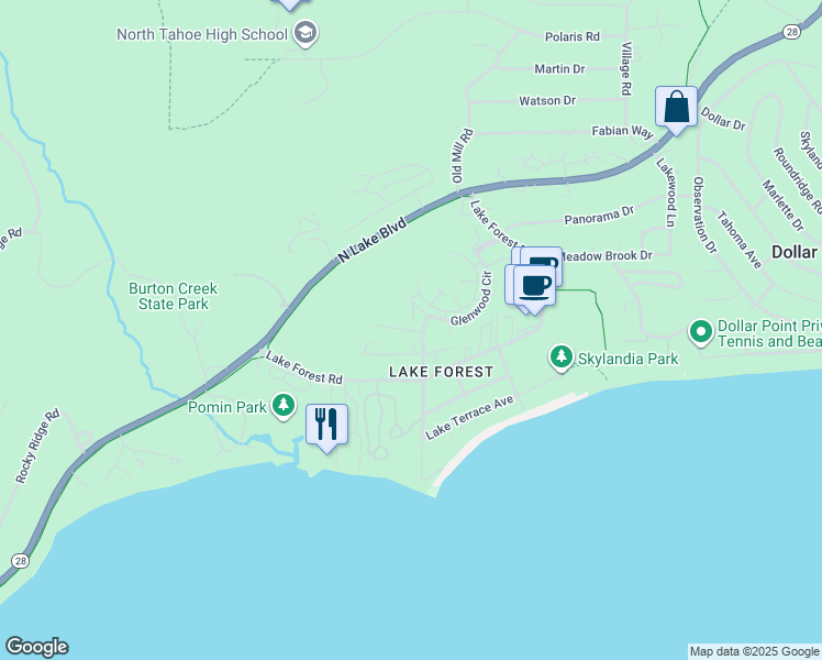 map of restaurants, bars, coffee shops, grocery stores, and more near 3101 Lake Forest Road in Tahoe City