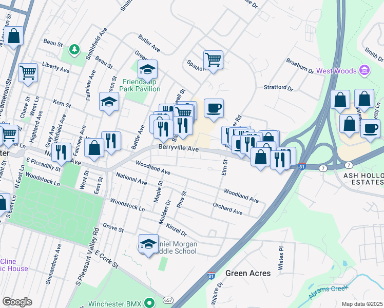 map of restaurants, bars, coffee shops, grocery stores, and more near 827 Berryville Avenue in Winchester