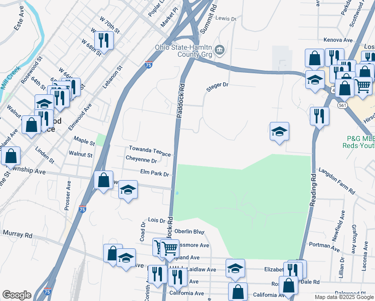 map of restaurants, bars, coffee shops, grocery stores, and more near 6751 Steger Drive in Cincinnati
