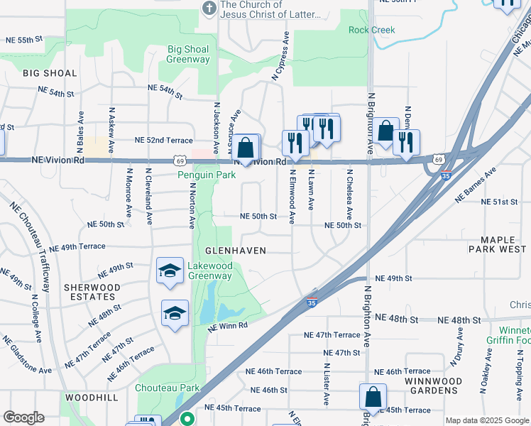 map of restaurants, bars, coffee shops, grocery stores, and more near 5010 North Cypress Avenue in Kansas City
