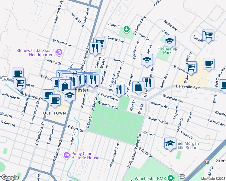 map of restaurants, bars, coffee shops, grocery stores, and more near 197 Smithfield Avenue in Winchester