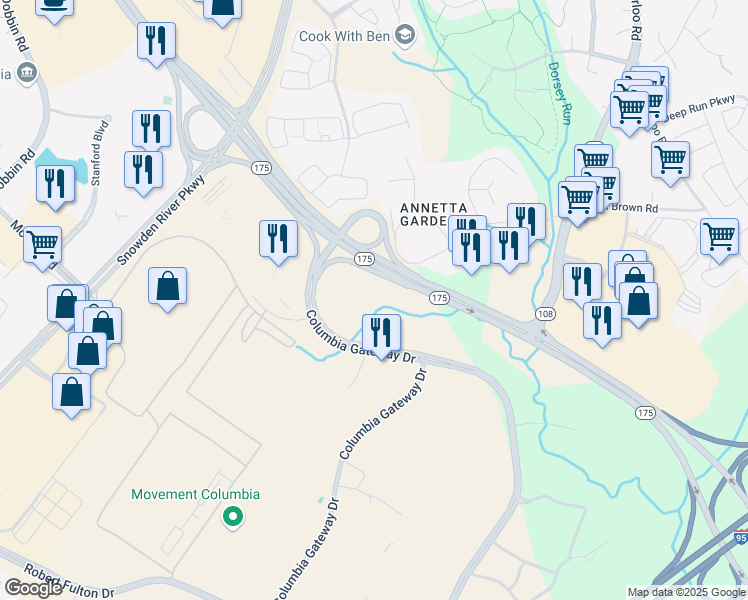 map of restaurants, bars, coffee shops, grocery stores, and more near 6721 Columbia Gateway Drive in Columbia