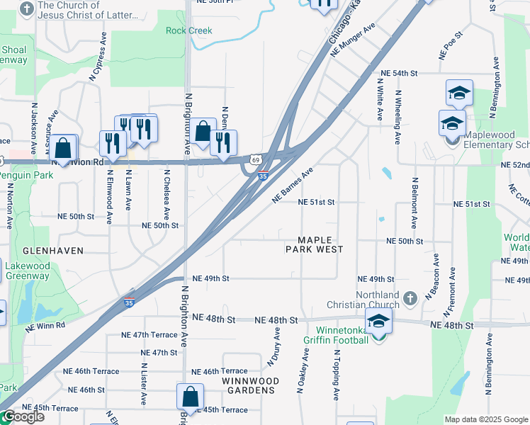 map of restaurants, bars, coffee shops, grocery stores, and more near 5325 Northeast Barnes Avenue in Kansas City