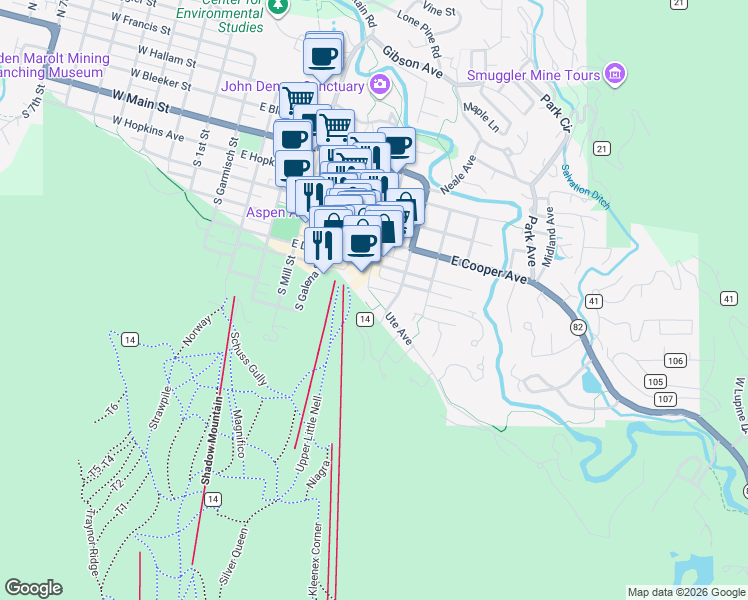 map of restaurants, bars, coffee shops, grocery stores, and more near 700 Ute Avenue in Aspen