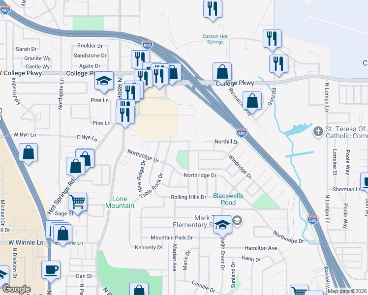 map of restaurants, bars, coffee shops, grocery stores, and more near 1125 Ridgefield Drive in Carson City