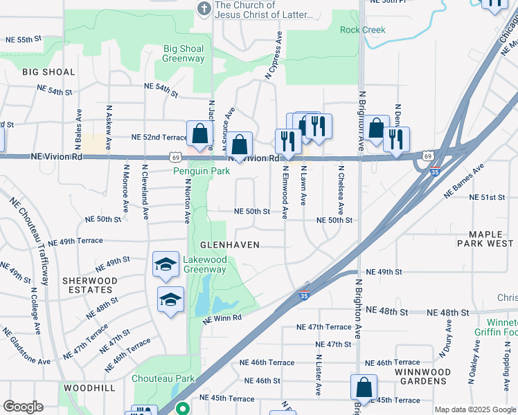map of restaurants, bars, coffee shops, grocery stores, and more near 5010 North Cypress Avenue in Kansas City