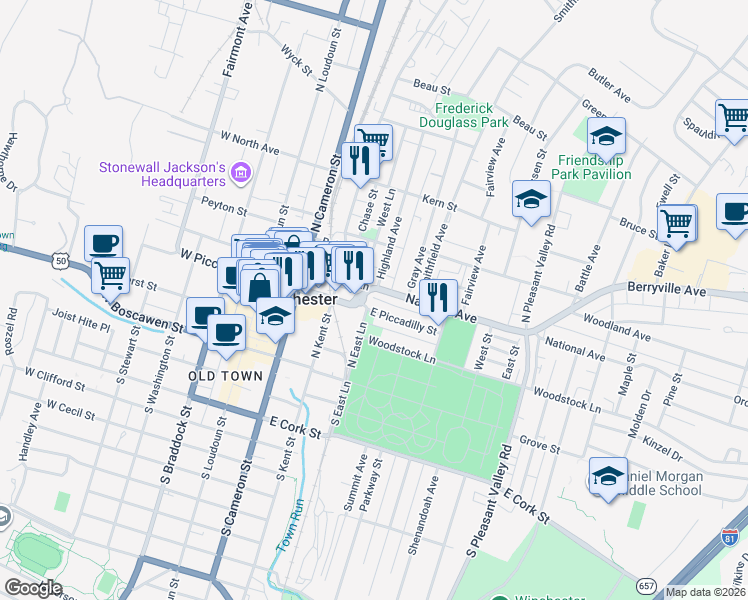 map of restaurants, bars, coffee shops, grocery stores, and more near 247 East Fairfax Lane in Winchester