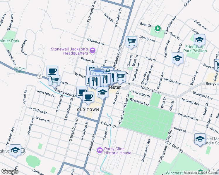 map of restaurants, bars, coffee shops, grocery stores, and more near RR 50 in Winchester