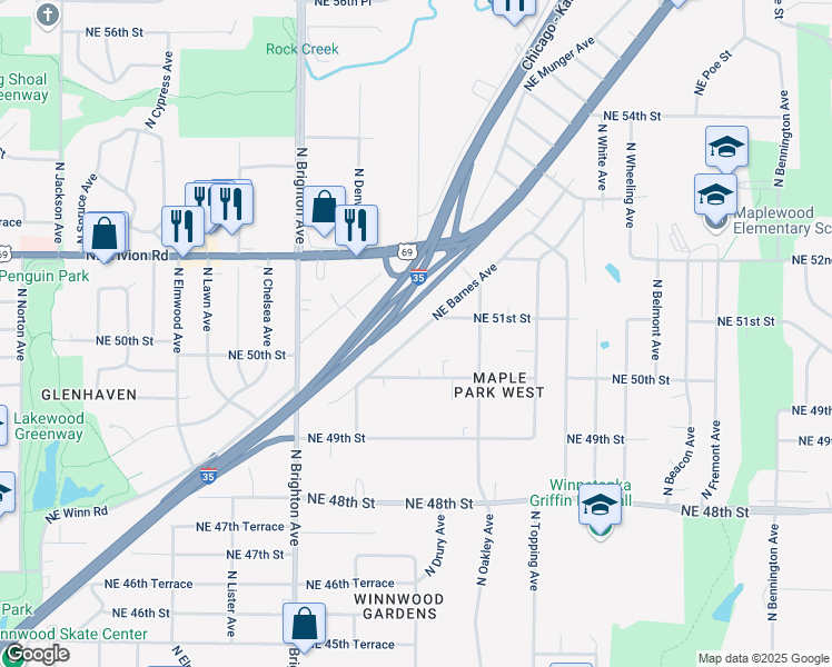map of restaurants, bars, coffee shops, grocery stores, and more near 5321 Northeast Barnes Avenue in Kansas City