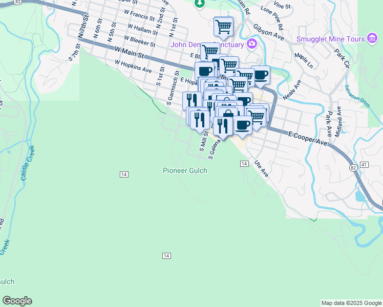 map of restaurants, bars, coffee shops, grocery stores, and more near 701 South Monarch Street in Aspen