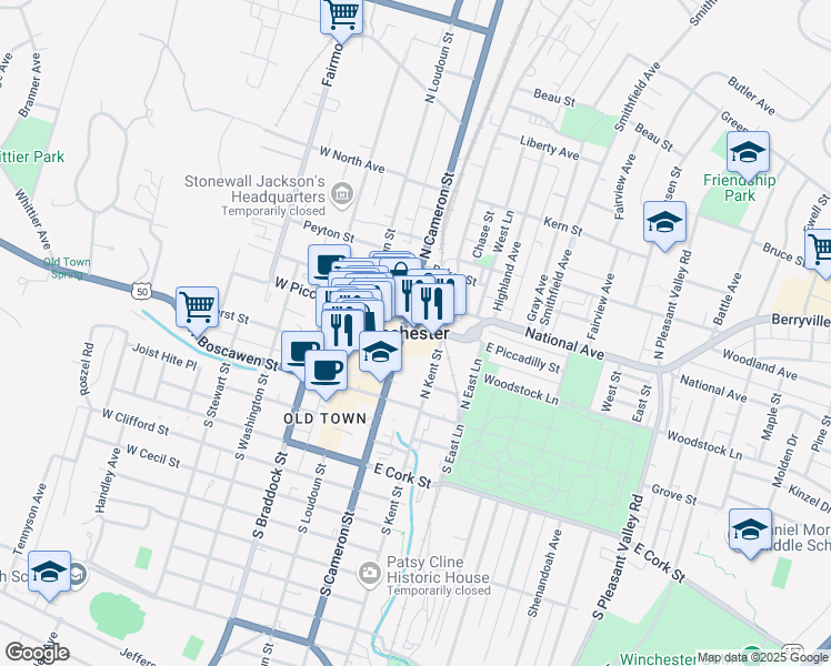 map of restaurants, bars, coffee shops, grocery stores, and more near 103 East Piccadilly Street in Winchester