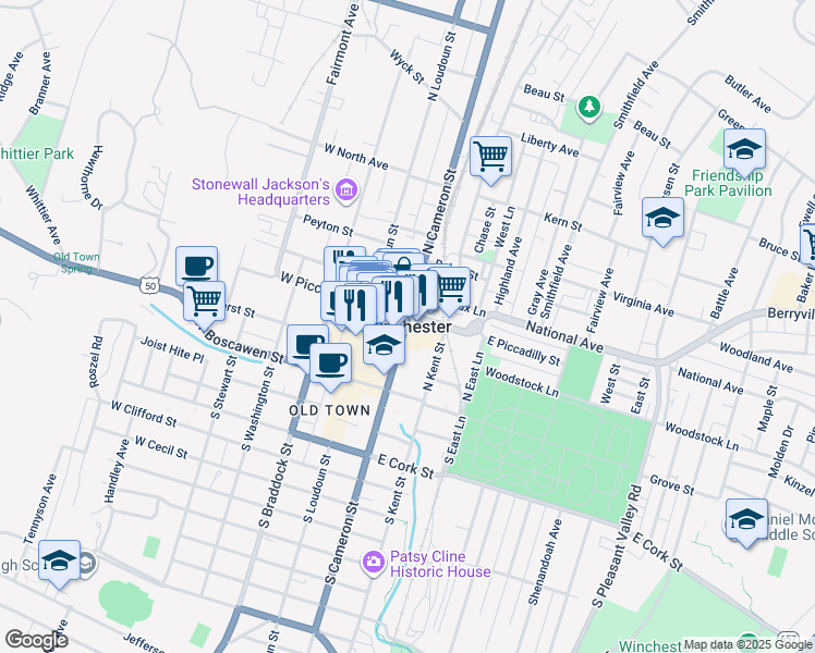 map of restaurants, bars, coffee shops, grocery stores, and more near RR 50 in Winchester