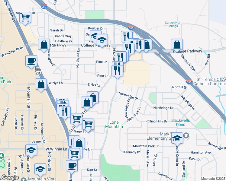 map of restaurants, bars, coffee shops, grocery stores, and more near 2910 North Roop Street in Carson City