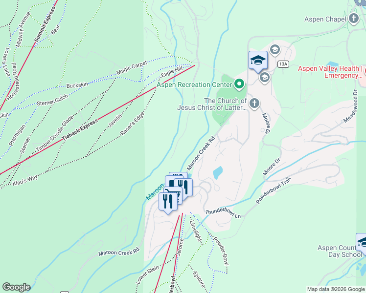 map of restaurants, bars, coffee shops, grocery stores, and more near 1470 Tiehack Road in Aspen