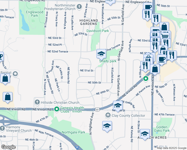 map of restaurants, bars, coffee shops, grocery stores, and more near 5019 North Highland Avenue in Kansas City