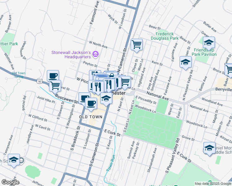 map of restaurants, bars, coffee shops, grocery stores, and more near 103 East Piccadilly Street in Winchester