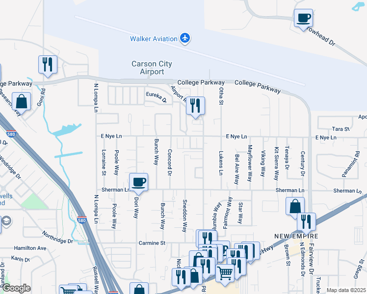 map of restaurants, bars, coffee shops, grocery stores, and more near 2850 Airport Road in Carson City