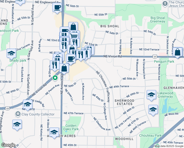 map of restaurants, bars, coffee shops, grocery stores, and more near 5090 Northeast Chouteau Drive in Kansas City