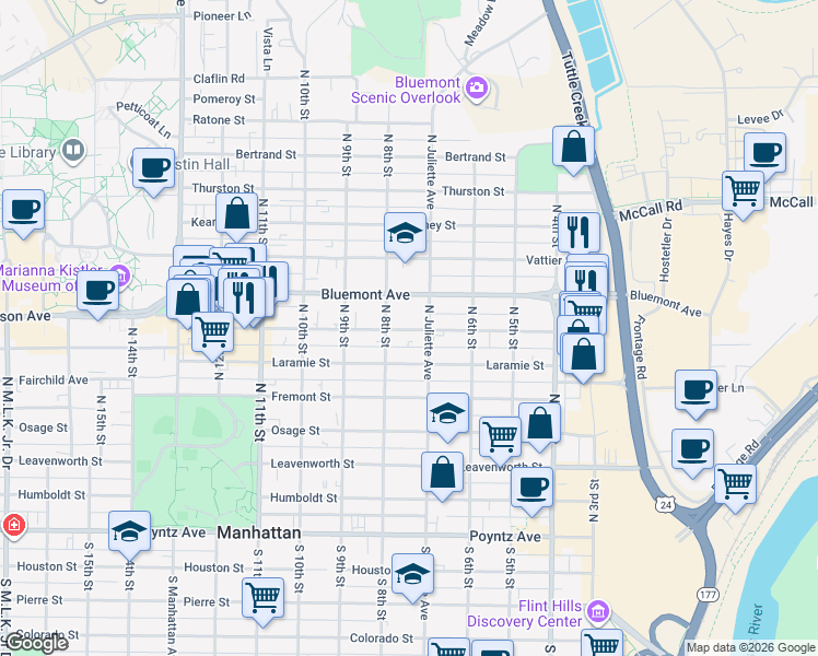 map of restaurants, bars, coffee shops, grocery stores, and more near 711 North Juliette Avenue in Manhattan