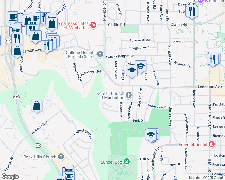 map of restaurants, bars, coffee shops, grocery stores, and more near 2300 Wildwood Lane in Manhattan