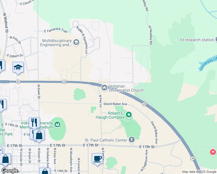 map of restaurants, bars, coffee shops, grocery stores, and more near 1713 East State Road 46 Bypass in Bloomington
