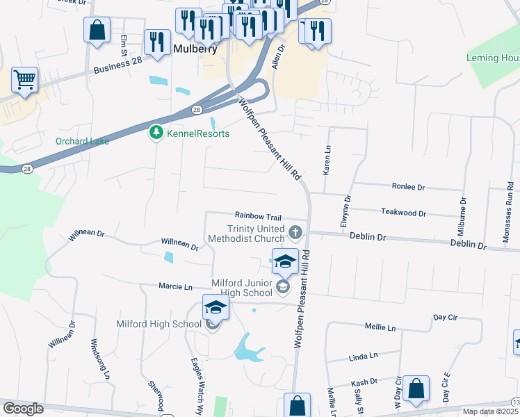 map of restaurants, bars, coffee shops, grocery stores, and more near 1102 Rainbow Trail in Milford