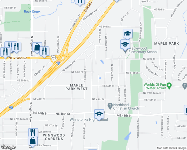 map of restaurants, bars, coffee shops, grocery stores, and more near 5027 North Bellaire Avenue in Kansas City