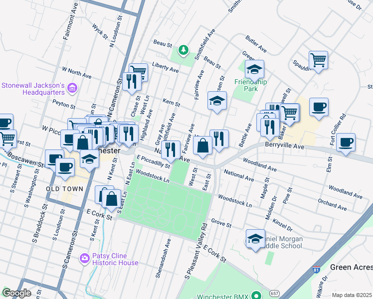 map of restaurants, bars, coffee shops, grocery stores, and more near 322 Fairview Avenue in Winchester