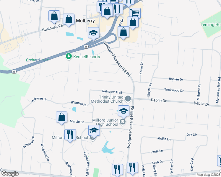 map of restaurants, bars, coffee shops, grocery stores, and more near 1102 Rainbow Trail in Milford