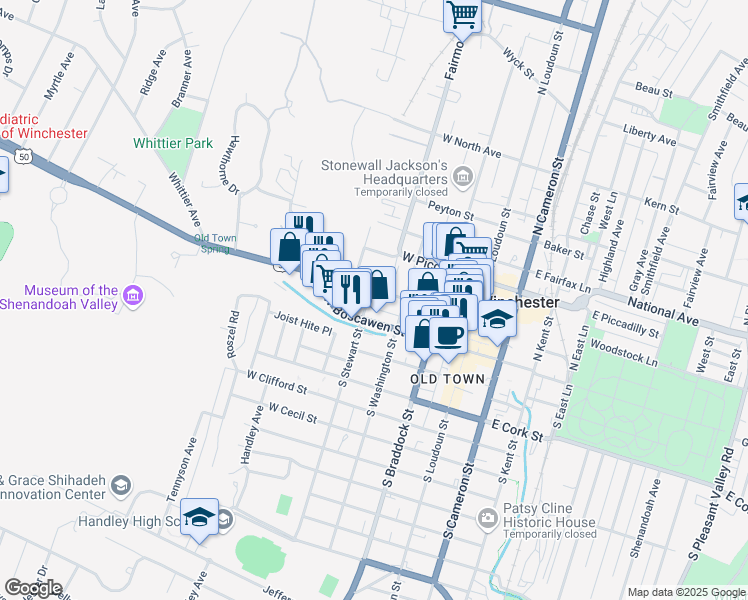 map of restaurants, bars, coffee shops, grocery stores, and more near 227 Amherst Street in Winchester