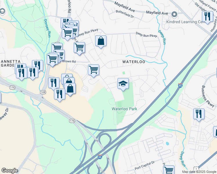 map of restaurants, bars, coffee shops, grocery stores, and more near 6801 Old Waterloo Road in Elkridge