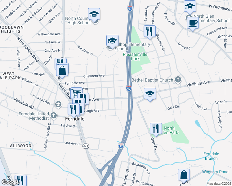 map of restaurants, bars, coffee shops, grocery stores, and more near 106 Vista Avenue in Glen Burnie