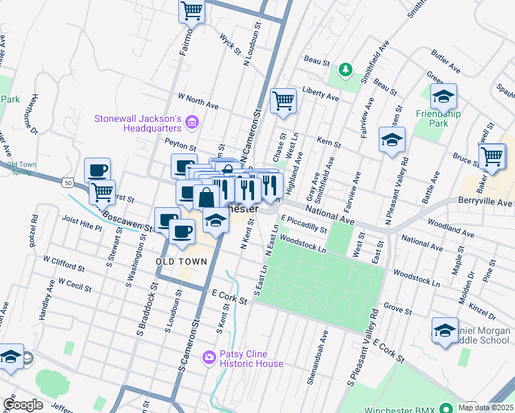 map of restaurants, bars, coffee shops, grocery stores, and more near 126 East Piccadilly Street in Winchester