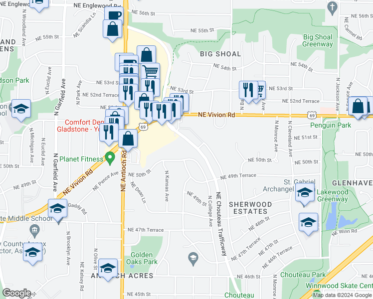 map of restaurants, bars, coffee shops, grocery stores, and more near 5090 Northeast Chouteau Drive in Kansas City