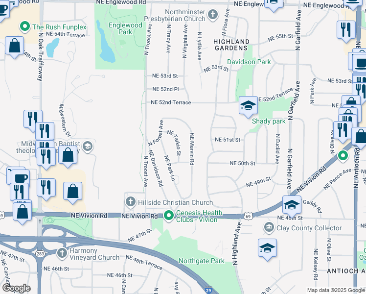 map of restaurants, bars, coffee shops, grocery stores, and more near 5033 Northeast Tarkio Street in Kansas City