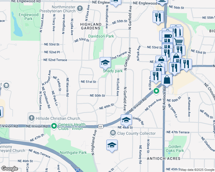 map of restaurants, bars, coffee shops, grocery stores, and more near 5024 North Michigan Avenue in Kansas City