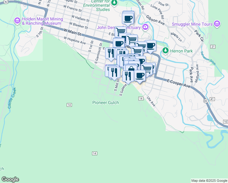 map of restaurants, bars, coffee shops, grocery stores, and more near 731 South Mill Street in Aspen