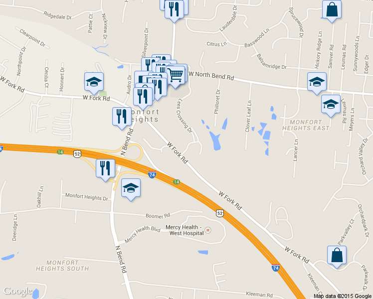 map of restaurants, bars, coffee shops, grocery stores, and more near 5319 Lees Crossing Drive in Cincinnati