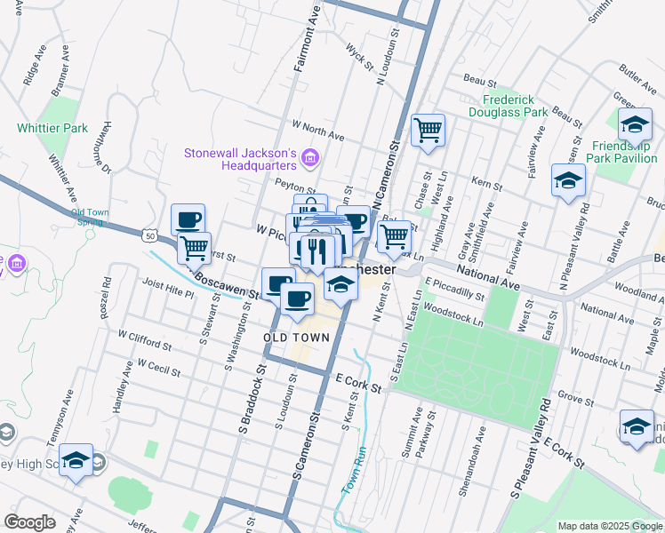 map of restaurants, bars, coffee shops, grocery stores, and more near 167 North Loudoun Street in Winchester