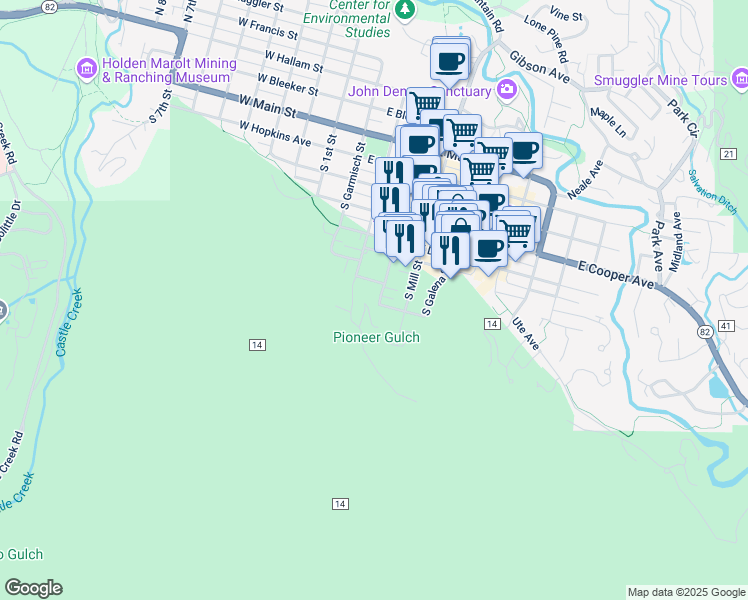 map of restaurants, bars, coffee shops, grocery stores, and more near 701 South Monarch Street in Aspen