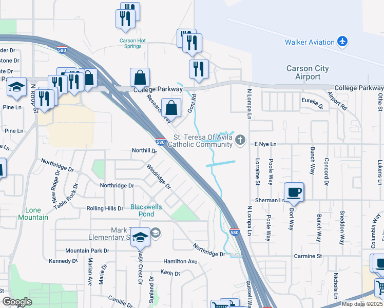 map of restaurants, bars, coffee shops, grocery stores, and more near 2900 Research Way in Carson City