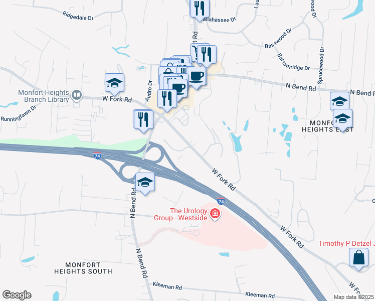map of restaurants, bars, coffee shops, grocery stores, and more near 3501 West Fork Road in Cincinnati