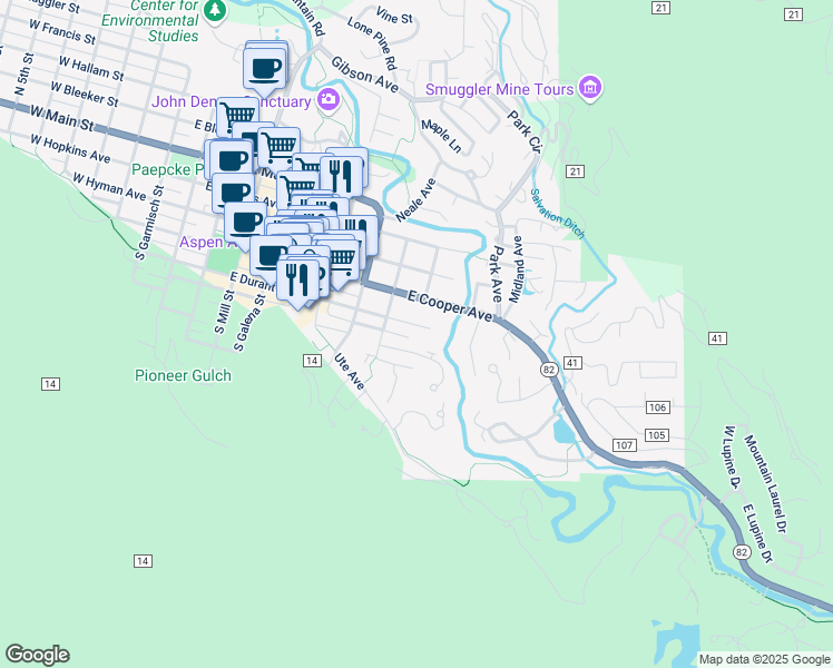 map of restaurants, bars, coffee shops, grocery stores, and more near 929 East Durant Avenue in Aspen